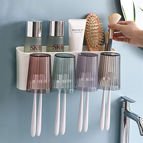 ecoco Toothbrush Holder Toothpaste Dispenser Wall Mount for Bathroom Automatic Toothpaste Squeezer for Kids  and  Family Shower Family Toothbrush Wall Holder 2 3 4 Cups for Kids Toothbrush Cover -4 Cups-