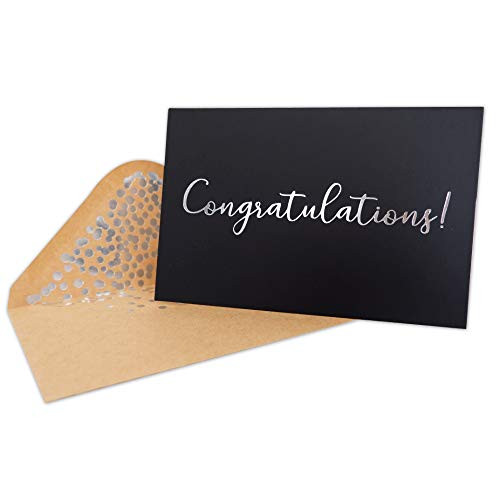 Congratulations Card  50 Pack Matte Finish Black Greeting Cards With Congratulations Embossed In Silver Foil Letters  For Engagement Graduation Wedding - 52 Gold Foil Confetti Kraft Envelopes Included  4" x 6" - Blank Inside