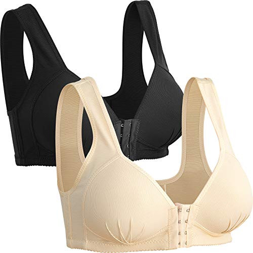 2 Pieces Front Closure Elastic Bra Plus Size Front Closure Elastic Push Up Comfort Bra Full Coverage Wirefree Support Bras for Women