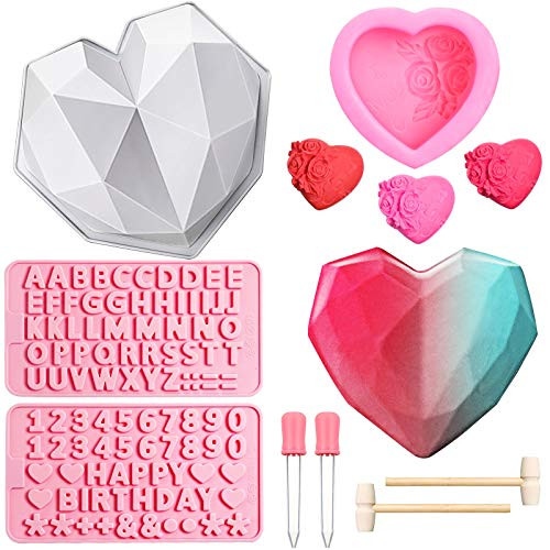 Diamond Heart Shape Silicone Cake Mold Rose Pattern Cake Mold Silicone Letter Mold and Number Chocolate Mold Tray with 2 Pieces Mini Wooden Hammers and 2 Pieces Silicone Droppers for Valentine's Day Diamond Heart Shape Silicone Cake Mold Rose Pattern Cake Mold Silicone Letter Mold and Number Chocolate Mold Tray with 2 Pieces Mini Wooden Hammers and 2 Pieces Silicone Droppers for Valentine's Day