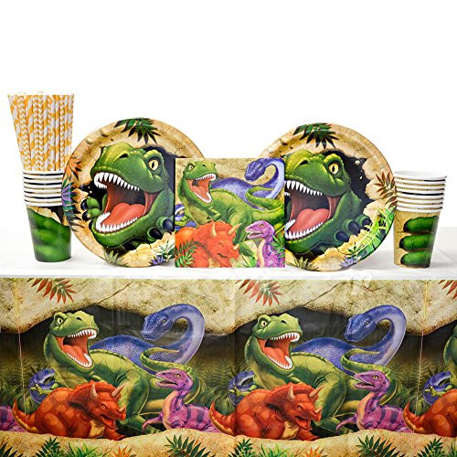 Dino Blast Party Supplies Pack for 16 Guests: Straws, Dinner Plates, Luncheon Napkins, Cups, and Table Cover