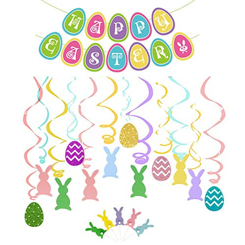 Happy Easter Egg Bunny Decoration - Happy Easter Egg Banner Bunny Spiral Ornaments Easter Cupcake Topper Decor SetEaster Party Supplies -Easter 3A-