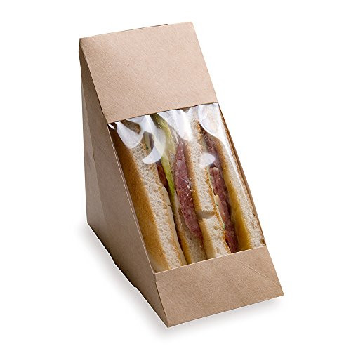Sandwich Wedge Box, Sandwich Take Out Box - Eco-Friendly Triangle Sandwich Box with Window - Brown - 25ct Box - Restaurantware