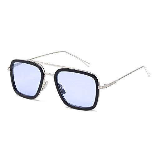 Classic Aviator Sunglasses for Men Women Square Vintage Metal Frame Gradient Flat Lens Sun Glass Classic Large Tony Stark Shades UV400 Protection-Blue Lens-Silver Black Frame-