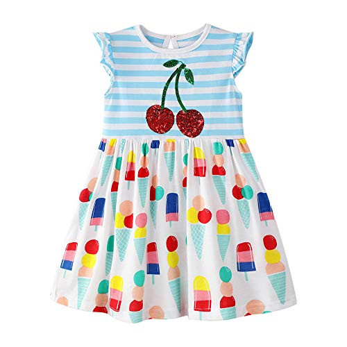 Little Girl Summer Dress Sleeveless Cotton Casual Stripe Cherry Floral Shirt Dress Sundress 5T Little Girl Summer Dress Sleeveless Cotton Casual Stripe Cherry Floral Shirt Dress Sundress 5T
