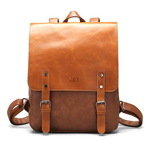 Vegan Leather Backpack Vintage Laptop Bookbag for Women Men,LXY Brown Faux Leather Backpack College School Bookbag Weekend Travel Daypack