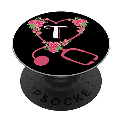 Stethoscope Heart Floral Monogram T Nurse Initial Letter PopSockets PopGrip- Swappable Grip for Phones  and  Tablets