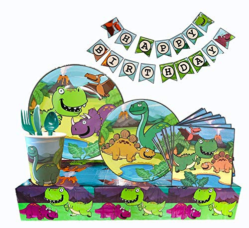 Dinosaur birthday party Supplies - Perfect Dinosaur party supplies set for children - Dinosaur tableware Including- Plates Cups Napkins Tablecloth Banner Forks Spoons Knives. -Serves 25-