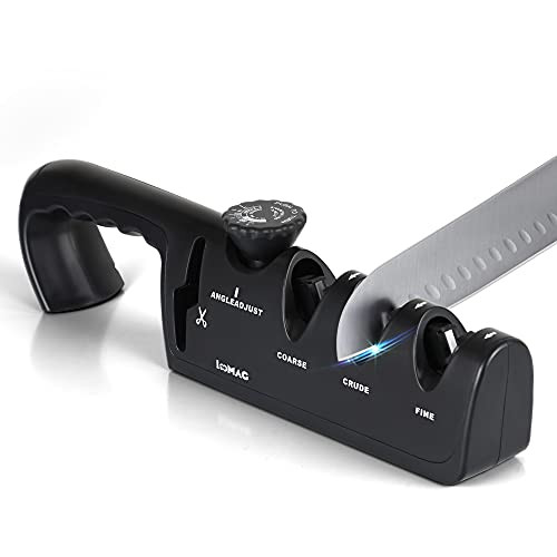 LeoMAG 2-in-1 Knife  and  Scissor Sharpener for Straight  and  Serrated Edge Kitchen Knives 4-stage Diamond Coated Knife Sharpening Tool to Help Repair and Restore Blades Chef knives Black