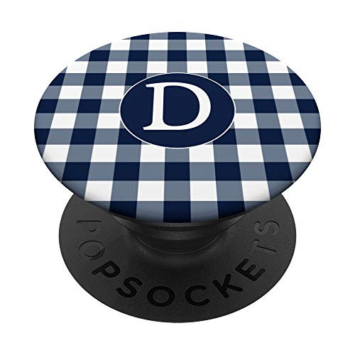Letter D Initial Navy Blue  and  White Gingham Buffalo Plaid PopSockets PopGrip- Swappable Grip for Phones  and  Tablets
