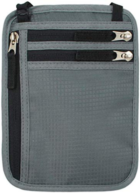 Neck Wallet w-RFID Blocking- Concealed Travel Pouch  and  Passport Holder GRAY