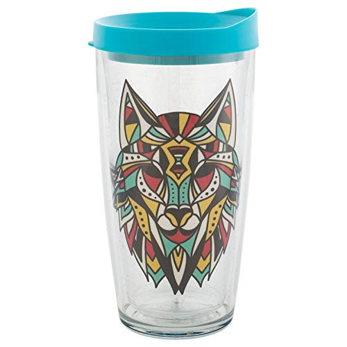 Colorful Wolf Insulated 16 Oz Travel Tumbler Mug with Teal Lid