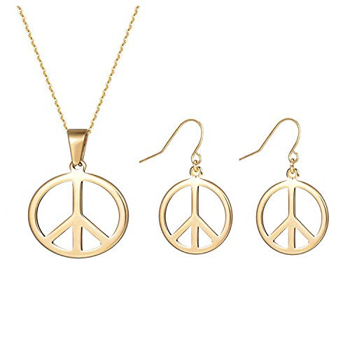 Peace Sign Necklace Earrings Set for Women 1960s 1970s Hippie Party Accessories Pendant Necklace -Gold-