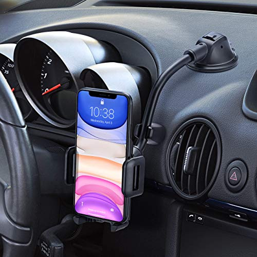 iSeneo Car Cell Phone Holder Mount Long Arm Dashboard Windshield Phone Holder Strong Sticky Gel Suction Cup Anti-Shake Stabilizer Compatible iPhone 12 11 pro-11 pro max-XS-XR-X-8-7Galaxy and More