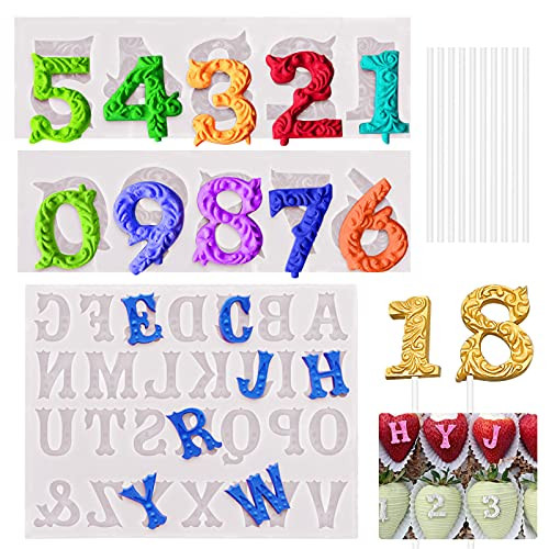 SelfTek Number 0-9  and  Alphabet A-Z 3D Silicone Embossed Fondant Mold with 10Pcs Lollipop Sticks Candy Number Mold Letter Chocolate Mold -Grey-