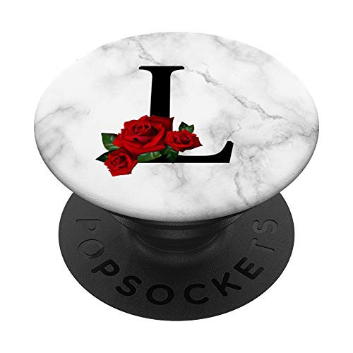 Red Rose Flower Black Letter L Initial Monogram Floral PopSockets Grip and Stand for Phones and Tablets