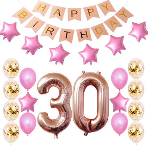 30th Birthday Decorations Party Supplies Happy 30th Birthday Confetti Balloons Banner and 30 Number Sets for 30 Years Old Party-Rose Gold
