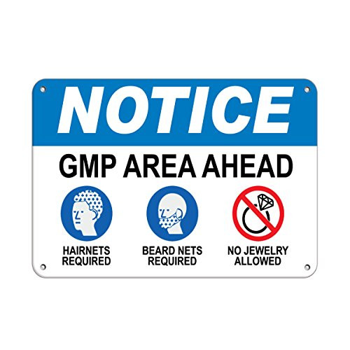Aluminum Horizontal Metal Sign Multiple Sizes Notice Gmp Area Ahead Hairnets Beard Nets No Jewelry White Half Way Border Weatherproof Street Signage 10x7Inches