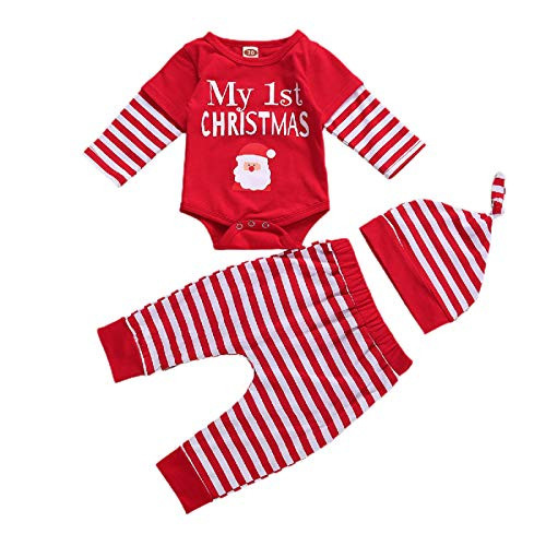 Baby Boys Christmas Outfit Letter Print Romper Bodysuit Plaid Pants Hat Xmas Clothes Set -Red Strip 0-3 Months-