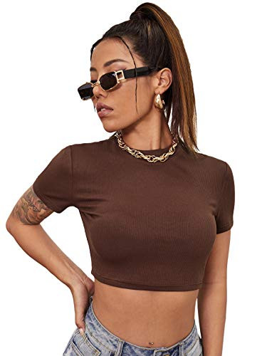 MakeMeChic Women's Casual Rib Knit Fitted Short Sleeve Tee Basic T-Shirt Crop Top Coffee Brown XS