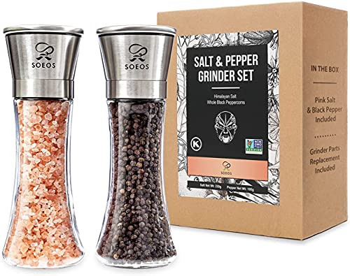 Soeos Stainless Steel Salt and Pepper Grinder Set -Free Salt and Pepper Included- Kosher Non GMO Whole Black Peppercorns 100g plus HImalayan Pink Salt 230g Pepper Grinder Salt and Pepper Grinder Set. Soeos Stainless Steel Salt and Pepper Grinder Set -Free Salt and Pepper Included- Kosher Non GMO Whole Black Peppercorns 100g plus HImalayan Pink Salt 230g Pepper Grinder Salt and Pepper Grinder Set.