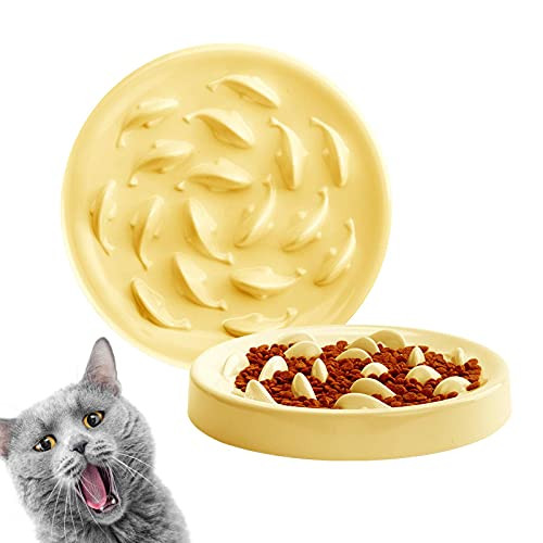 Deioxhy Slow Feeder Cat Bowl to Slow Down Eating TrainingAnti Choking Gulping Bloat Indigestion Obesity Dog Cat Food BowlNon-Toxic Eco-Friendly Pet Slow Feed Bowl -Yellow-