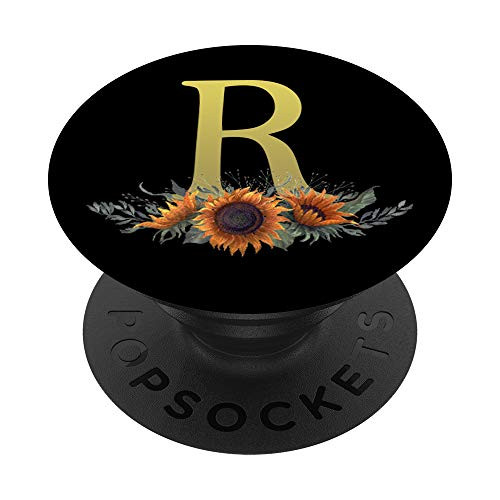 Sunflower Gold Letter R Initial Monogram Floral Black PopSockets PopGrip- Swappable Grip for Phones  and  Tablets