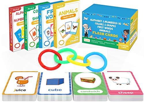 BREEZYPALS Alphabet Flash Cards for Toddlers Kids ABC Numbers Colors Shapes Sight Words Animals Learning Cards with Rings 144 Pack Kindergarten Homeschool Supplies