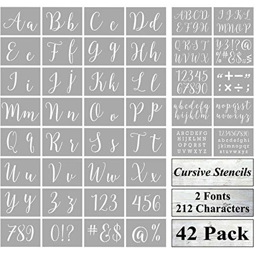 Letter Stencils for Painting on Wood - 42 Pack Large Alphabet Stencil Templates with Numbers and Signs Reusable Letters and Numbers Stencils in 2 Fonts and 212 Designs for Wood Burning  and  Wall Art