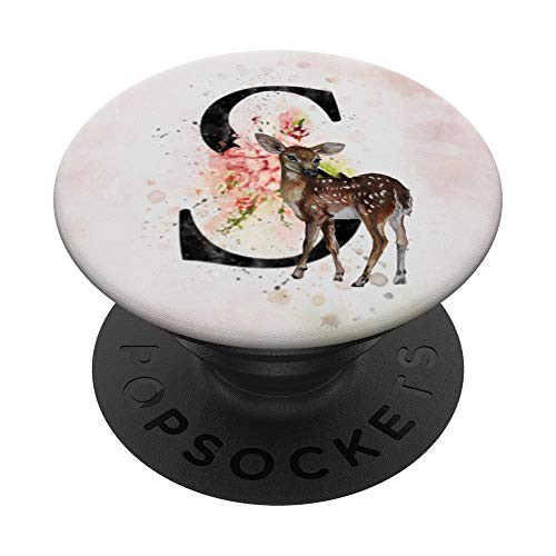 S Monogram Floral Letter S Initial Watercolor Baby Deer PopSockets PopGrip- Swappable Grip for Phones  and  Tablets