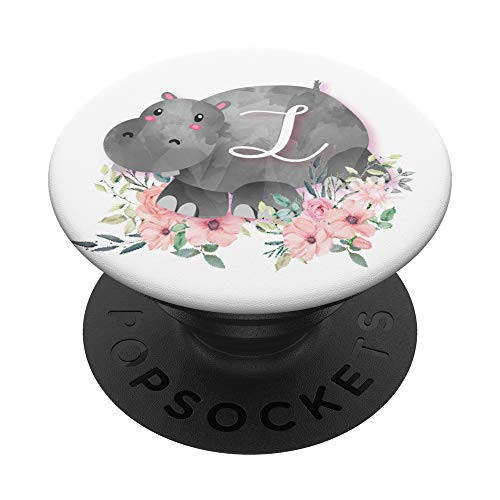 Cute Hippo Pink Flowers Monogram Name Initial Letter L PopSockets PopGrip- Swappable Grip for Phones  and  Tablets
