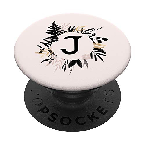 Pretty Letter J Initial Monogram Blush Pink and Black Wreath PopSockets PopGrip- Swappable Grip for Phones  and  Tablets