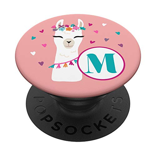Llama Teal Blue Letter M Monogram Initial Peach Coral Pink PopSockets Grip and Stand for Phones and Tablets