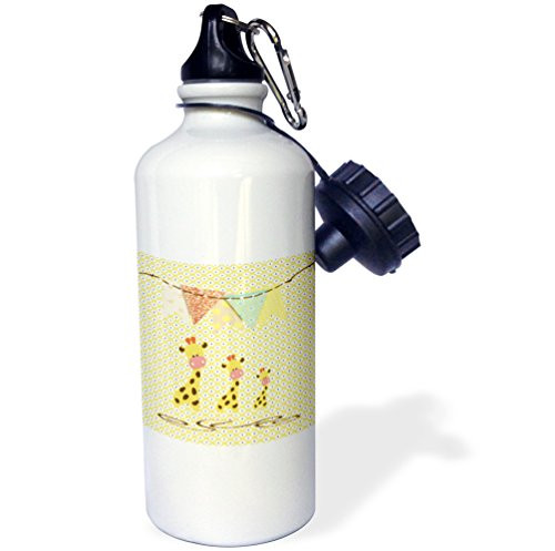 3dRose Giraffe Family with Colorful Flags, on Yellow and Black-Sports Water Bottle, 21oz (wb_192612_1), 21 oz Multicolor
