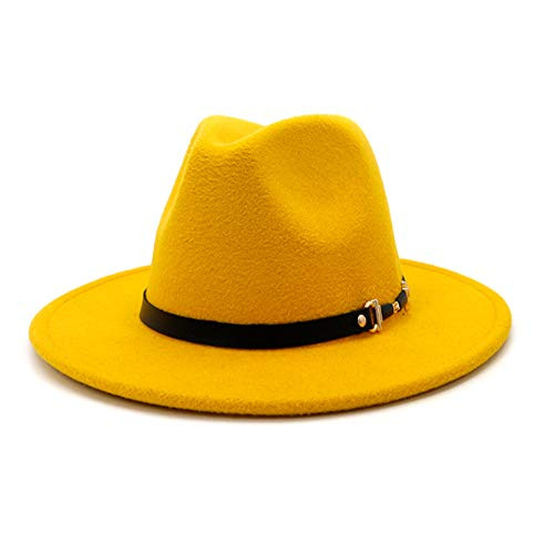 HUDANHUWEI Womens Wide Brim Felt Fedora Hat Ladies Panama Hat with Belt Buckle A-Yellow