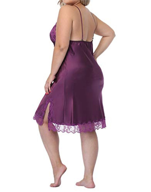 Women's Plus Size Full Slips Lace Chemise Lingeries Sexy Front Slit Negligees Silky Nightgown Sleepwear Purple