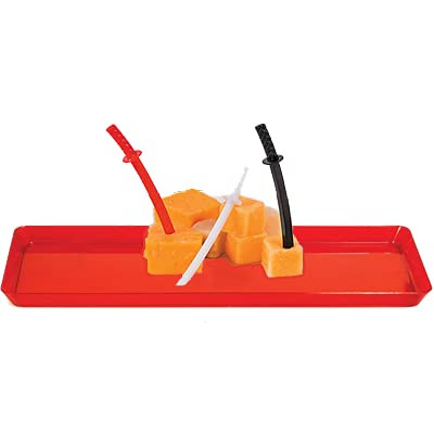 Red Plastic Tray with Plastic Ninja Sword Food Picks