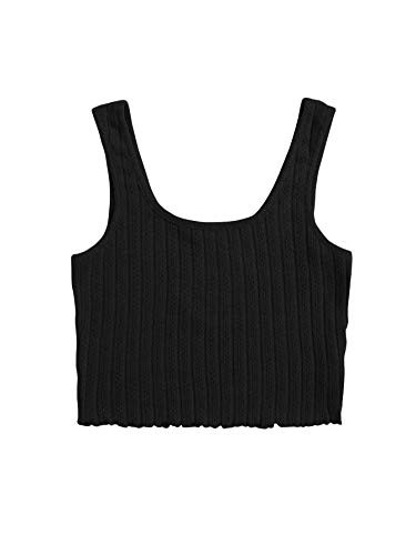 Milumia Women Casual Ribbed Knit Crop Tank Top Scoop Neck Lettuce Trim Solid Cami Black Large