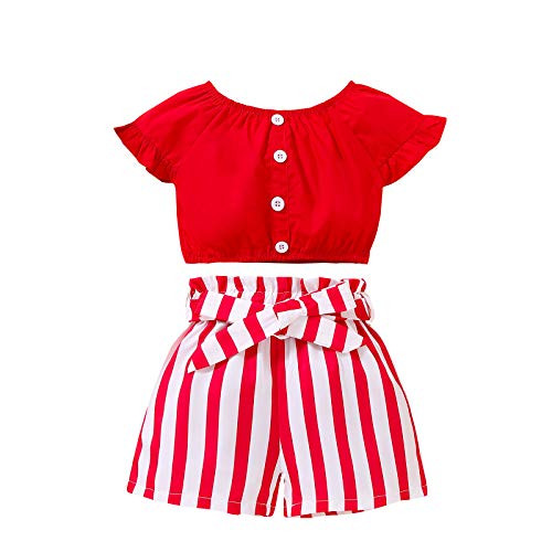 Toddler Kids Baby Girl Clothes Outfit Set Ruffle Sleeve Button Solid Color Crop Tops Striped Shorts Summer Clothes for Little Girl -Red 2-3T-