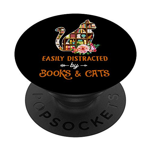 Easily Distracted By Books  and  Cat Reading Nerd Funny Bookworm PopSockets PopGrip- Swappable Grip for Phones  and  Tablets