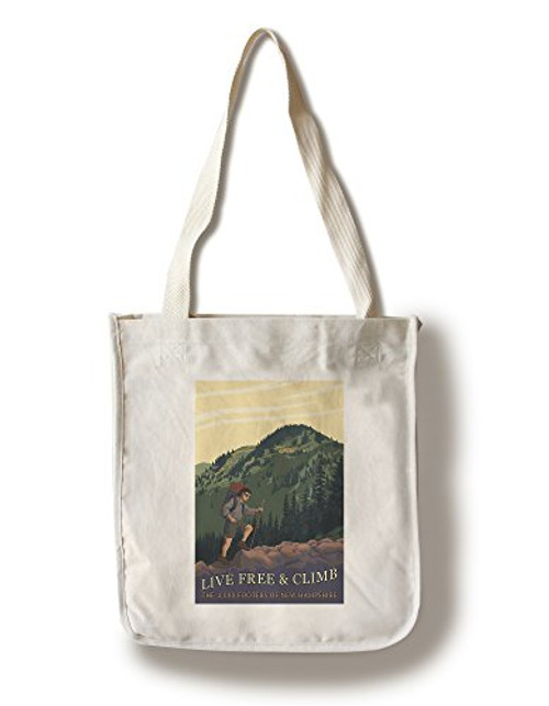Lantern Press Live Free and Climb New Hampshire Hiker Scene -100 percent Cotton Tote Bag Reusable-