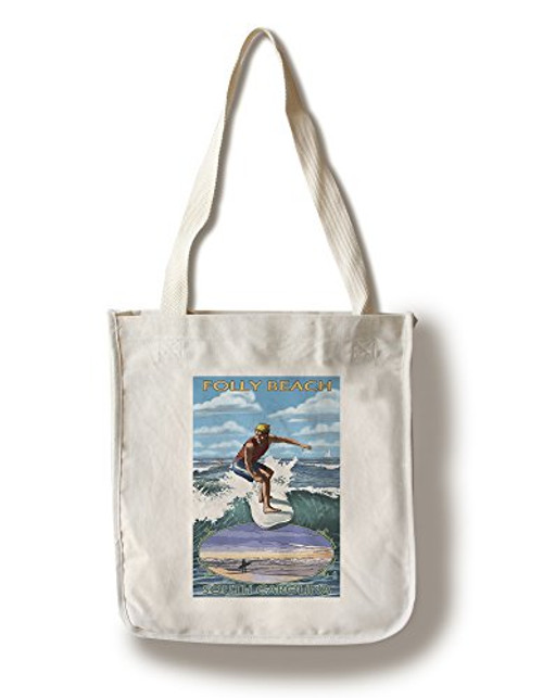 Lantern Press Folly Beach South Carolina Surfer with Inset -100 percent Cotton Tote Bag Reusable- Lantern Press Folly Beach South Carolina Surfer with Inset -100 percent Cotton Tote Bag Reusable-