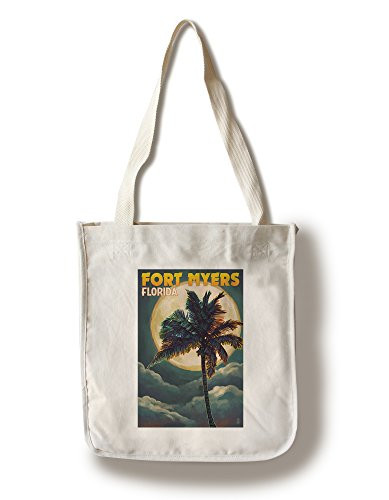 Lantern Press Fort Myers Florida Palms and Moon -100 percent Cotton Tote Bag Reusable-