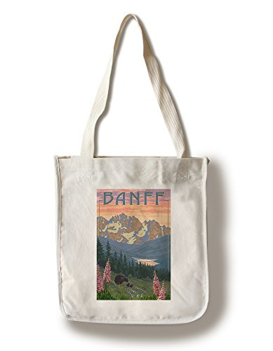 Lantern Press Banff Alberta Canada Bears and Spring Flowers -with Border- -100 percent Cotton Tote Bag Reusable-