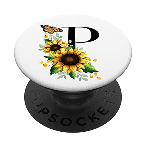 Sunflowers With Butterfly Yellow Watercolor White Letter P PopSockets PopGrip- Swappable Grip for Phones  and  Tablets