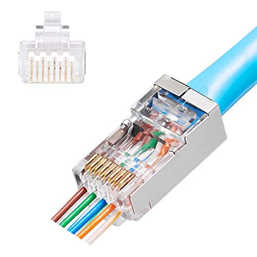 Quilence Staggered CAT5E CAT6 Shielded Pass Through Connectors EZ Rj45 Ends Gold Plated Network Plugs CAT6 CAT5E Cable Ends for 24AWG Ethernet Cable -24AWG-50pcs-