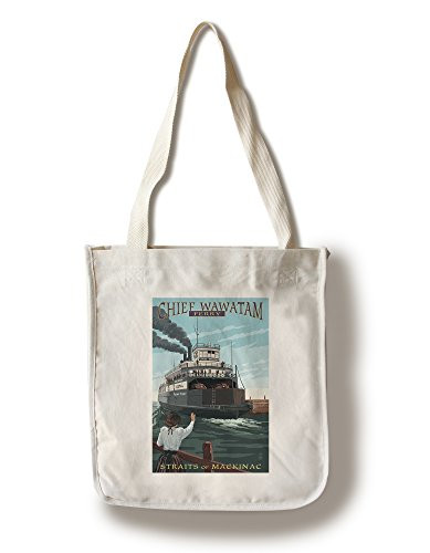 Lantern Press Straits of Mackinac Michigan Chief Wawatam Ferry -100 percent Cotton Tote Bag Reusable-