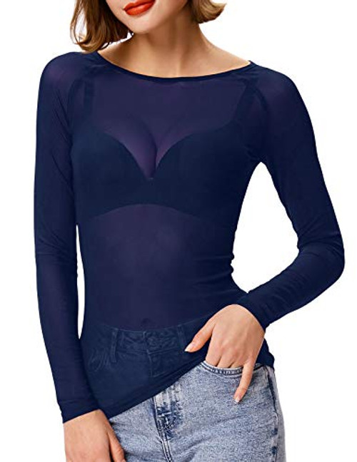 Kate Kasin Women's Long Sleeve See-Through Shirt Sheer Top Mesh Shirt Blouses-2XLNavy-