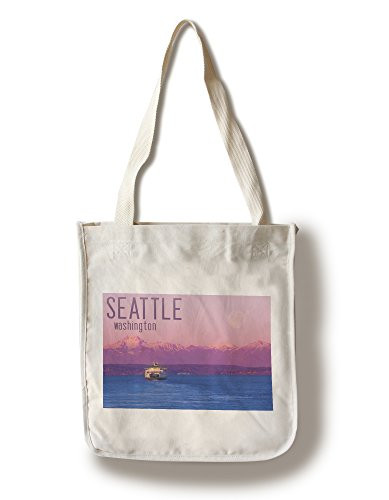 Lantern Press Seattle Washington Ferry and Purple Sunset -100 percent Cotton Tote Bag Reusable-
