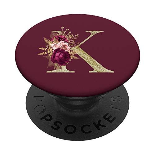 Maroon floral Initial Letter K monogram burgundy flowers PopSockets PopGrip- Swappable Grip for Phones  and  Tablets